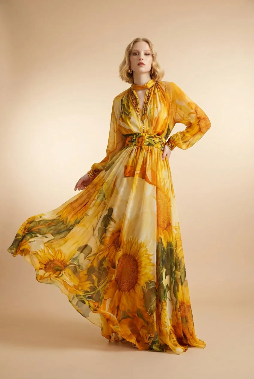 Elegant Sunflower Fitted Waist Backless Dress