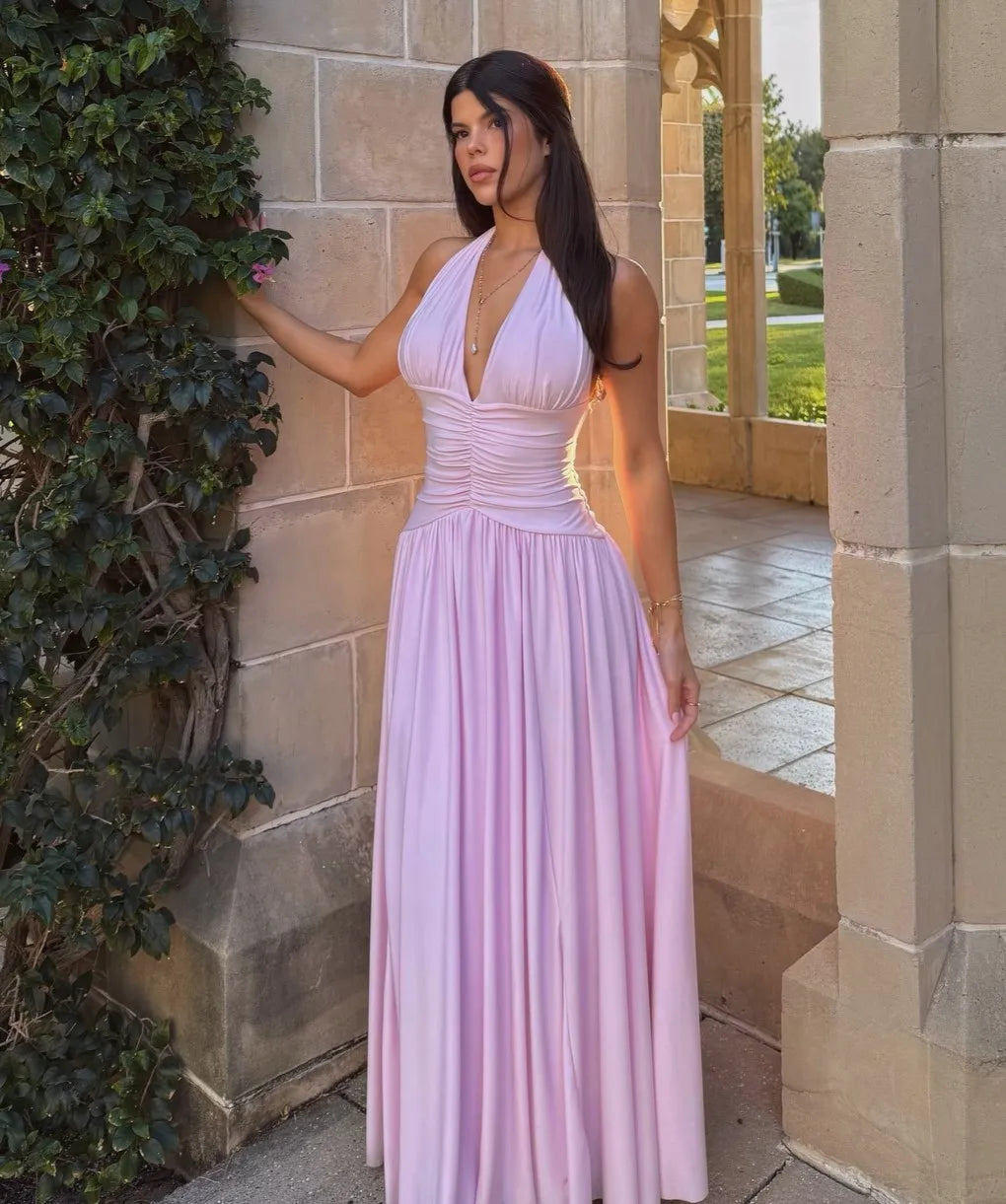 Halter Deep V Draped Maxi Waist Slimming Elegant Date Vacation Dress