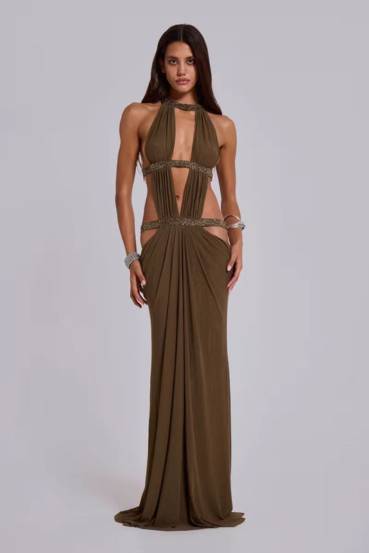 Vintage Style Olive Green Rhinestone Cutout Halter Gown