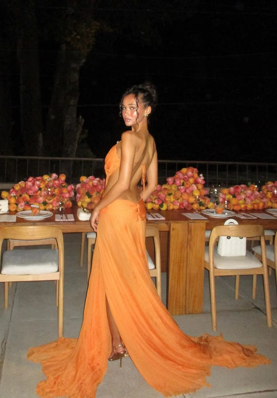 Orange Halter Deep V Neck Backless Waist Gem-Embellished Chiffon Train Vacation Maxi Dress