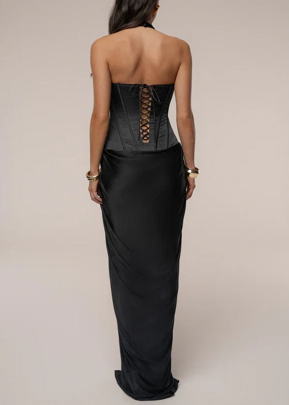 Sexy Sleeveless Halter Super Deep V Stitching Ruffle Maxi Dress