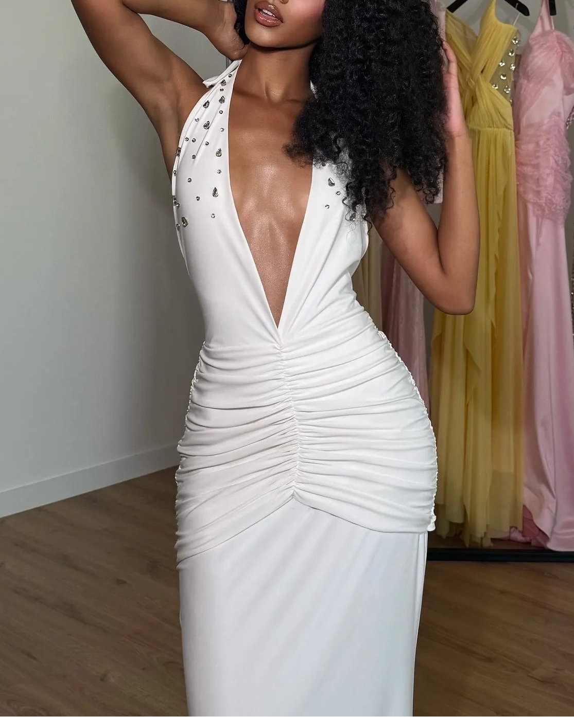 Sexy Super Deep V-neck Sleeveless Halter Pleated Maxi Dress