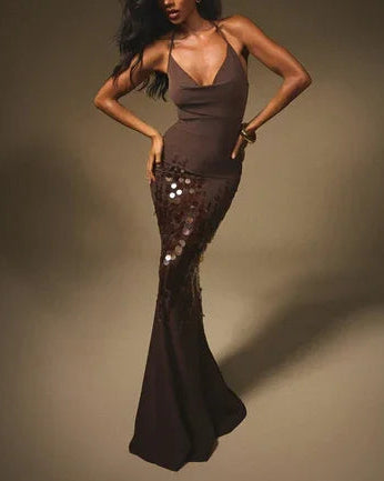 Sexy Sleeveless Halter Slim-Fit Sheath Sequin Maxi Dress