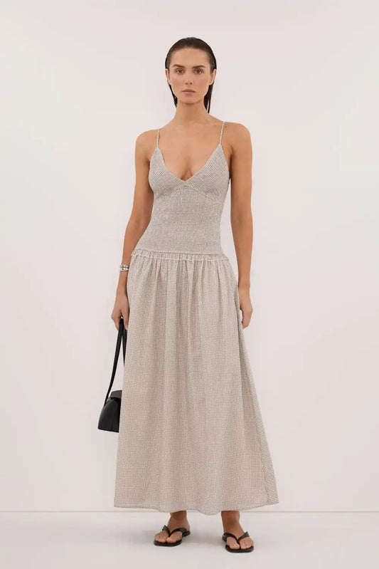 Spaghetti Strap Open-Back Gingham Flare