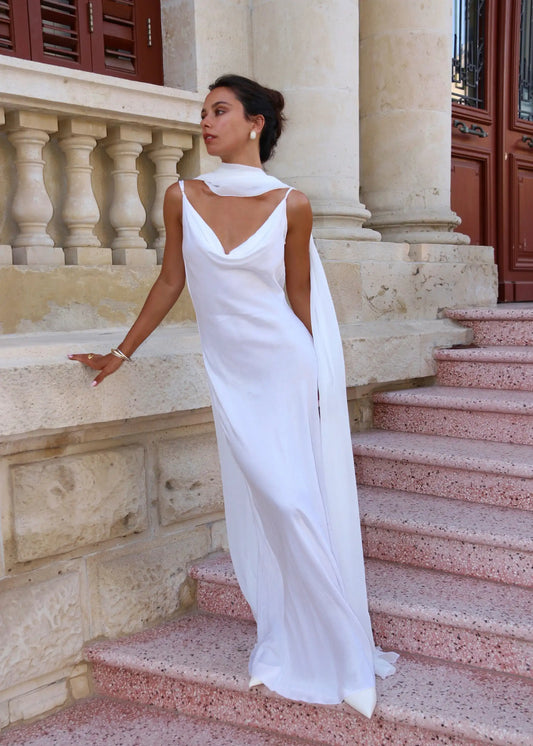 White Draped Cape Backless Maxi Gown