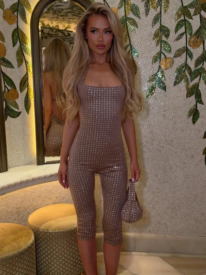 Square Neck Open-Back Full Diamond Light Brown Slim-Fit Cropped Jumpsuit