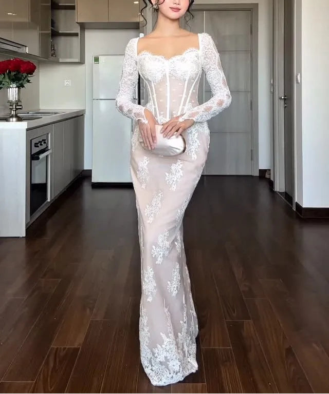 Sexy U Collar Long Sleeve Lace White Maxi Dress