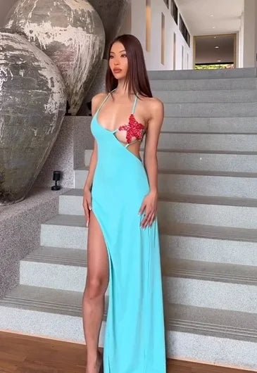 Mint Green Halter Starfish Sequin Backless High-Slit Maxi Dress