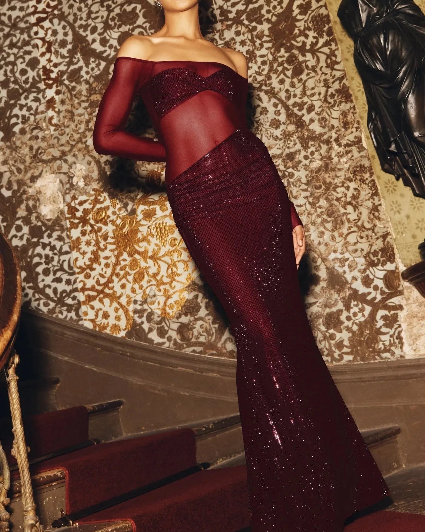 Sexy off-Shoulder Collar Stitching See-through Maxi Dress