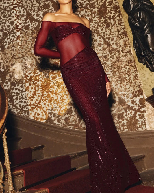 Sexy off-Shoulder Collar Stitching See-through Maxi Dress