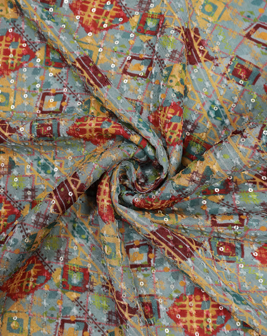 MULTICOLOR CHINON CHIFFON FABRIC WITH SEQUINS EMBROIDERY