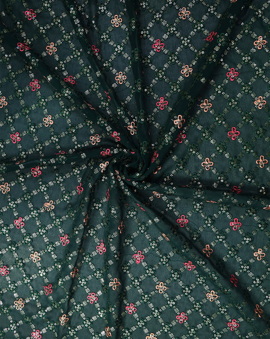 DARK GREEN GEORGETTE SEQUINS EMBROIDERY FABRIC
