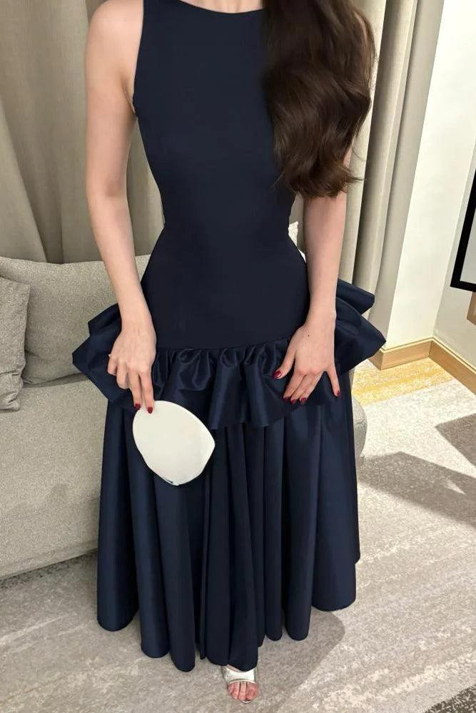 Navy Blue Sleeveless Full Skirt Gown - 3D Waist Ruffle Elegant Evening Maxi Dress