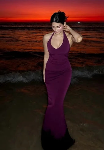 Deep Purple Halter Backless Tie-Up Ruched Slit Mermaid Vacation Maxi Dress