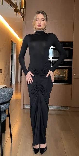 Black Turtleneck Long Sleeve Front Ruched Bodycon Slimming Maxi Dress