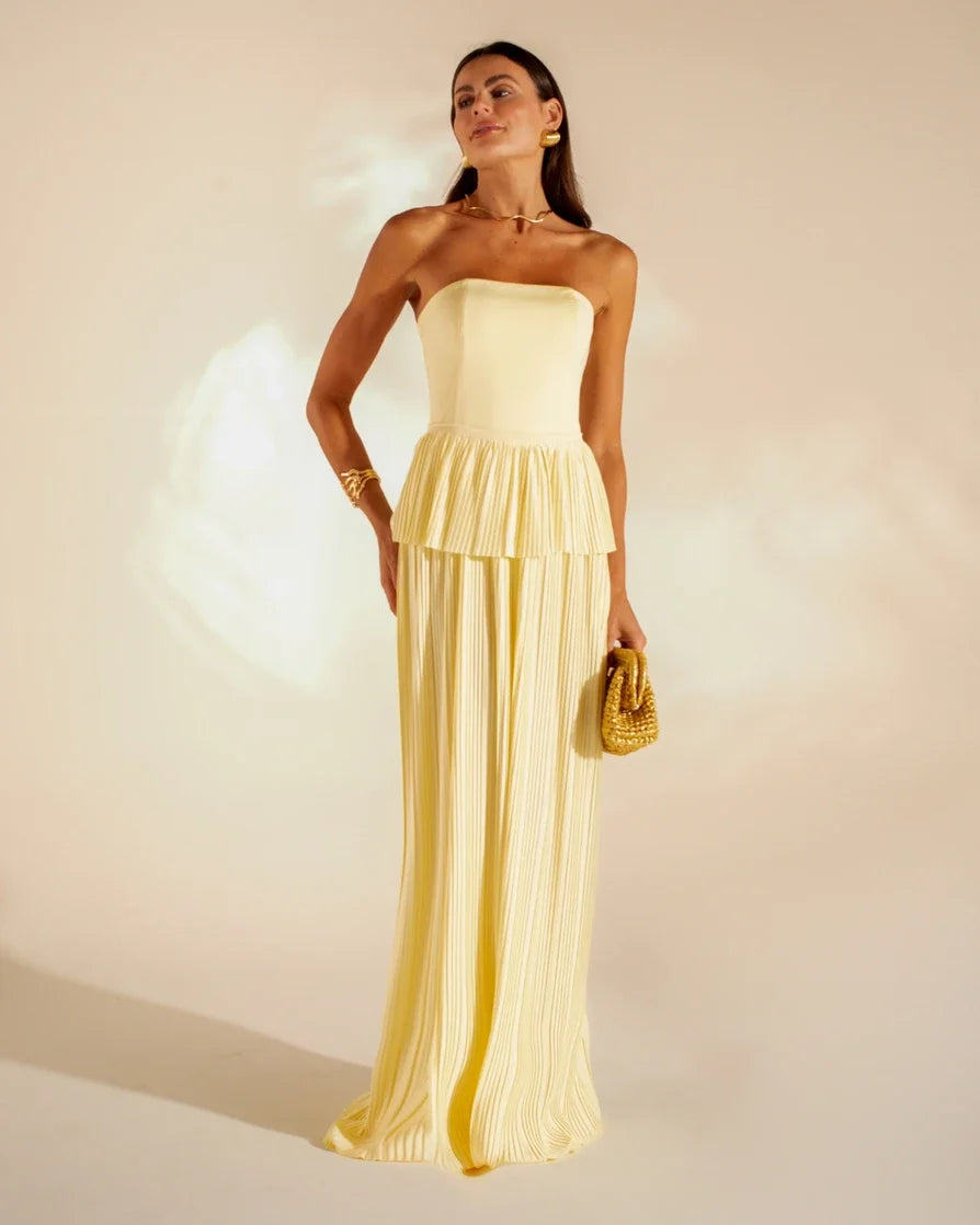 French Style Pale Yellow Bandeau Pleated Backless Lace-Up Flowy Maxi Dress