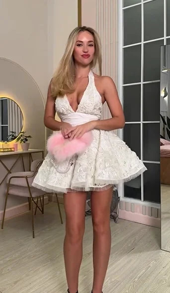 Sexy Halter Deep V Lace Mini Skirt