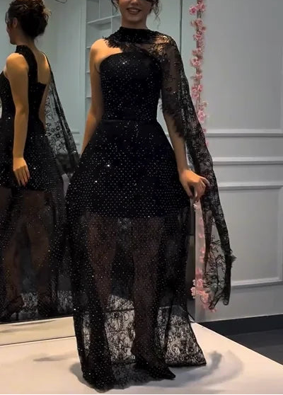 Sexy off-the-Shoulder Rhinestone Mesh Maxi Dress