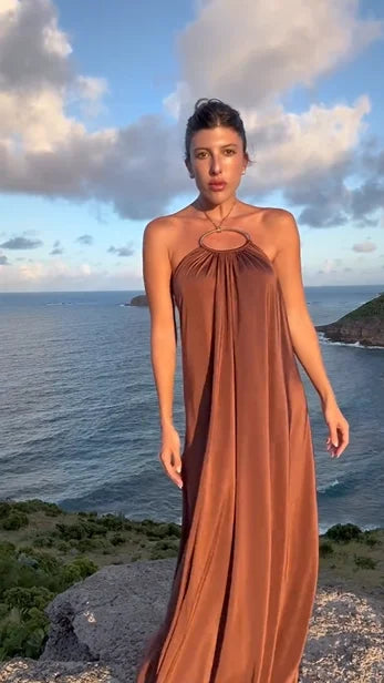 Beach Vacation Satin Halter Maxi Dress
