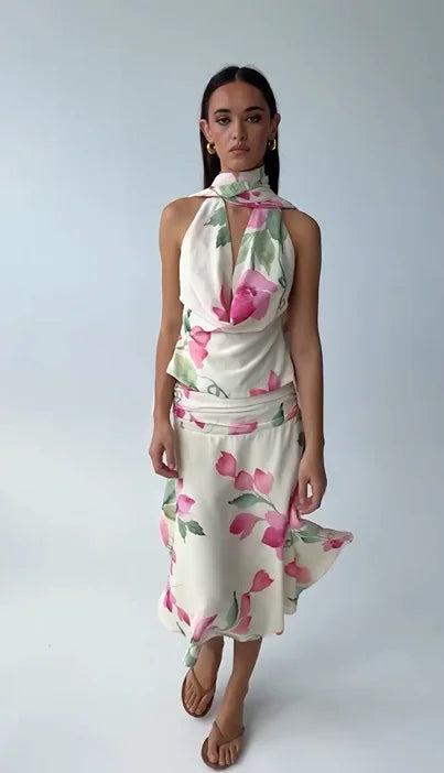 Sexy Print Backless Dress Suit