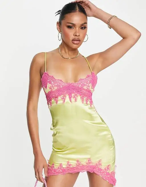 Lime Satin Pink Lace Trim Cami Mini Dress