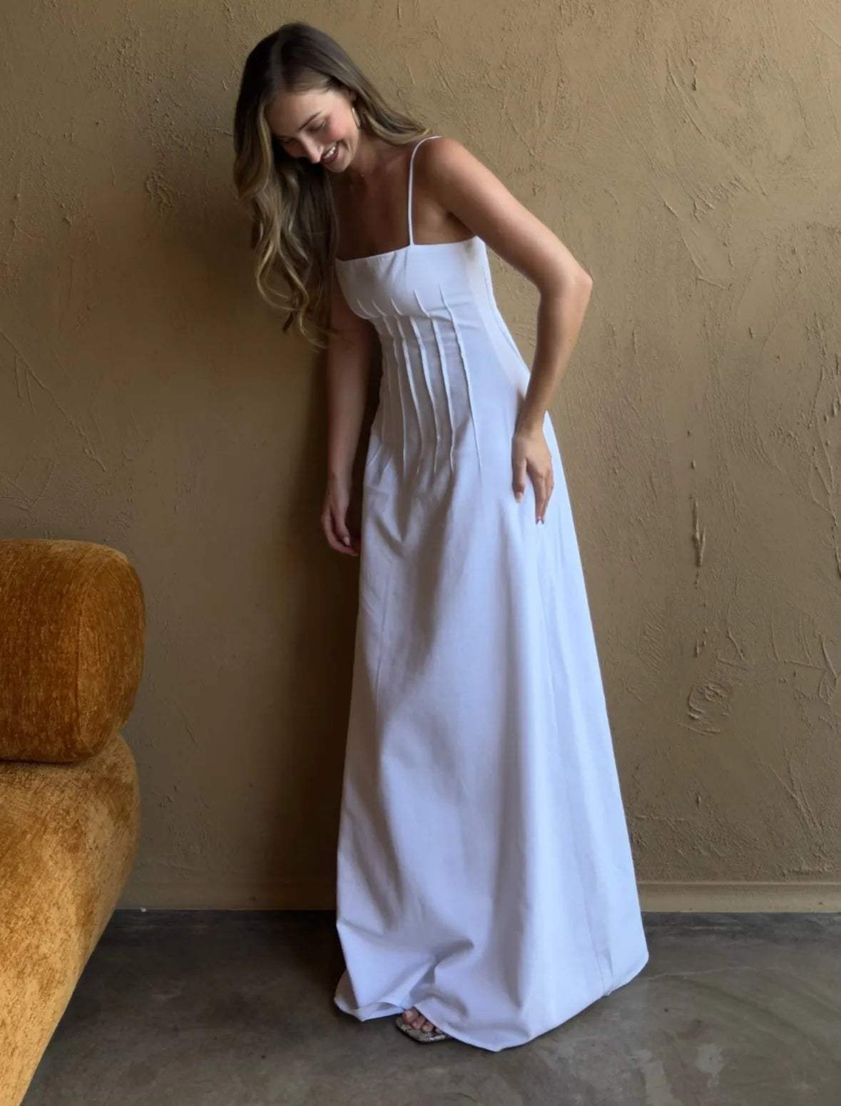 Minimalist Style White Thin Spaghetti Strap Waist-Cinched Flowy Maxi Dress