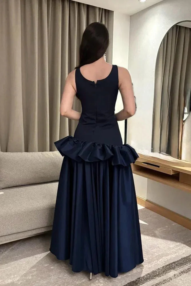 Navy Blue Sleeveless Full Skirt Gown - 3D Waist Ruffle Elegant Evening Maxi Dress
