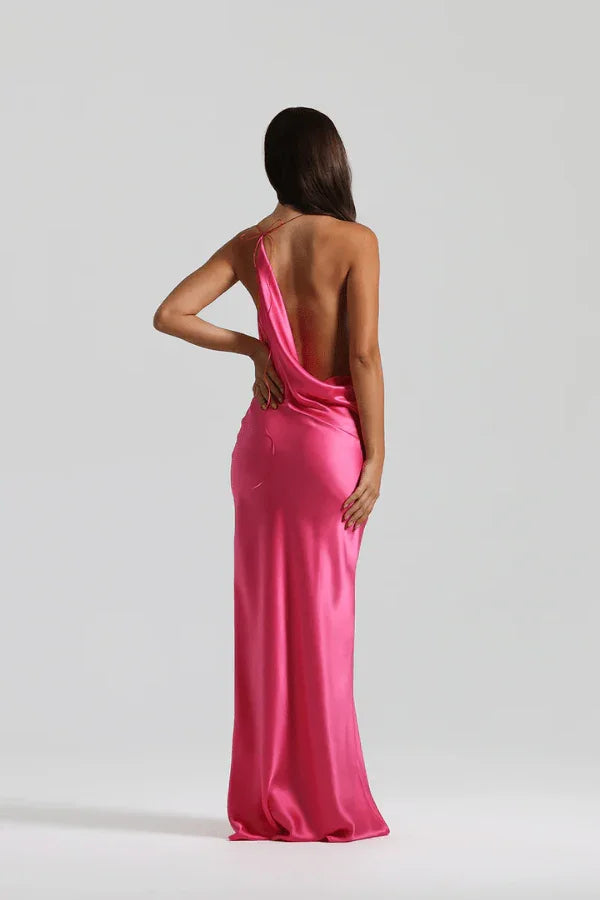 Sexy Sleeveless Deep V Halter Solid Color Evening Dress