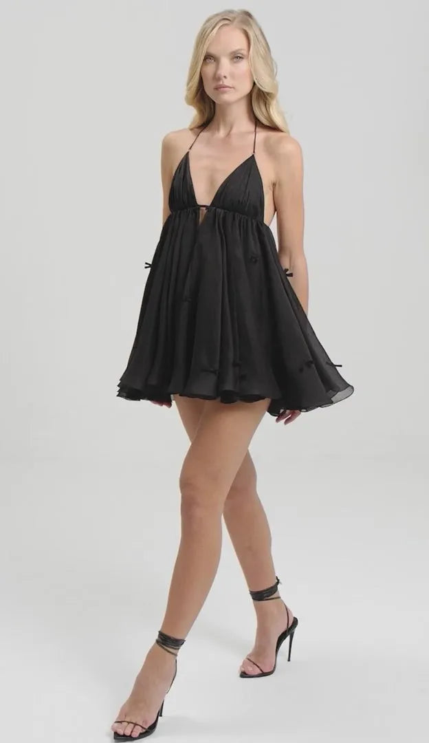 Black Halter Deep V Neck Backless Bow-Embellished Chiffon Mini Dress