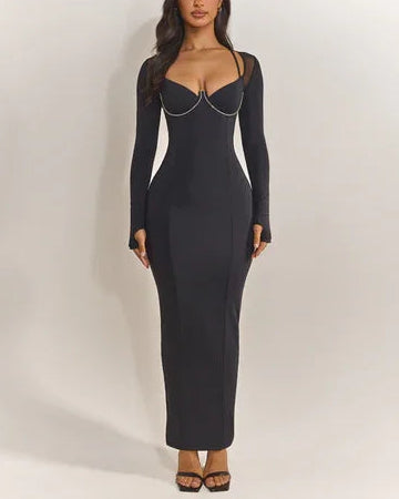 Sexy Long Sleeve Low-Cut Slim Fit Hip Maxi Dress