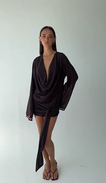 Casual Long Sleeve Low-Cut Lace up Mini Skirt