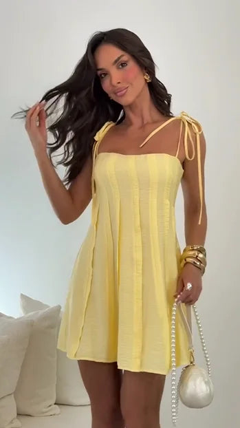 Lemon Yellow Tie-Strap Mini Dress - Playful Girly Summer Dress