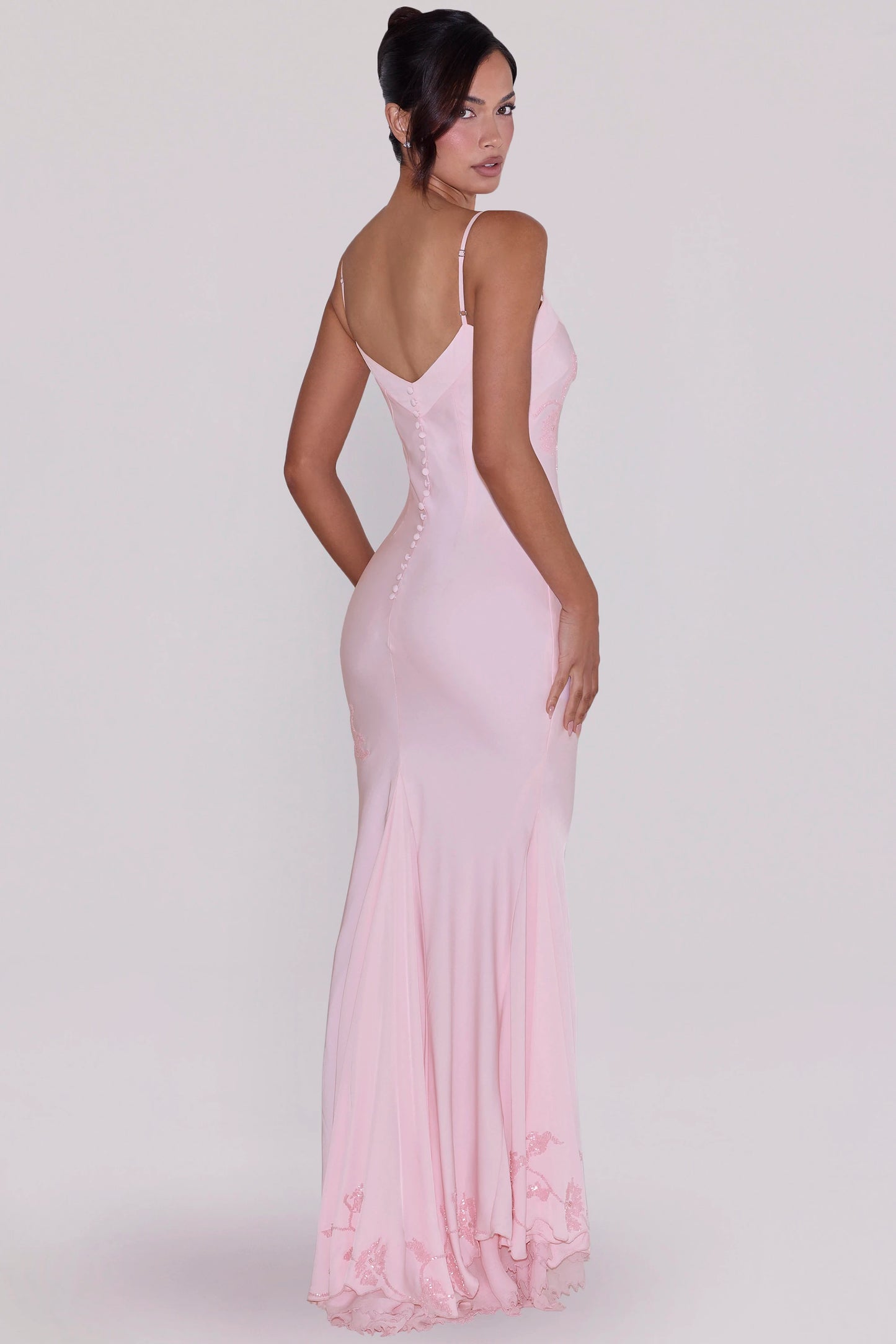 Pink Spaghetti Strap Sequin Embroidered Mermaid Evening Gown