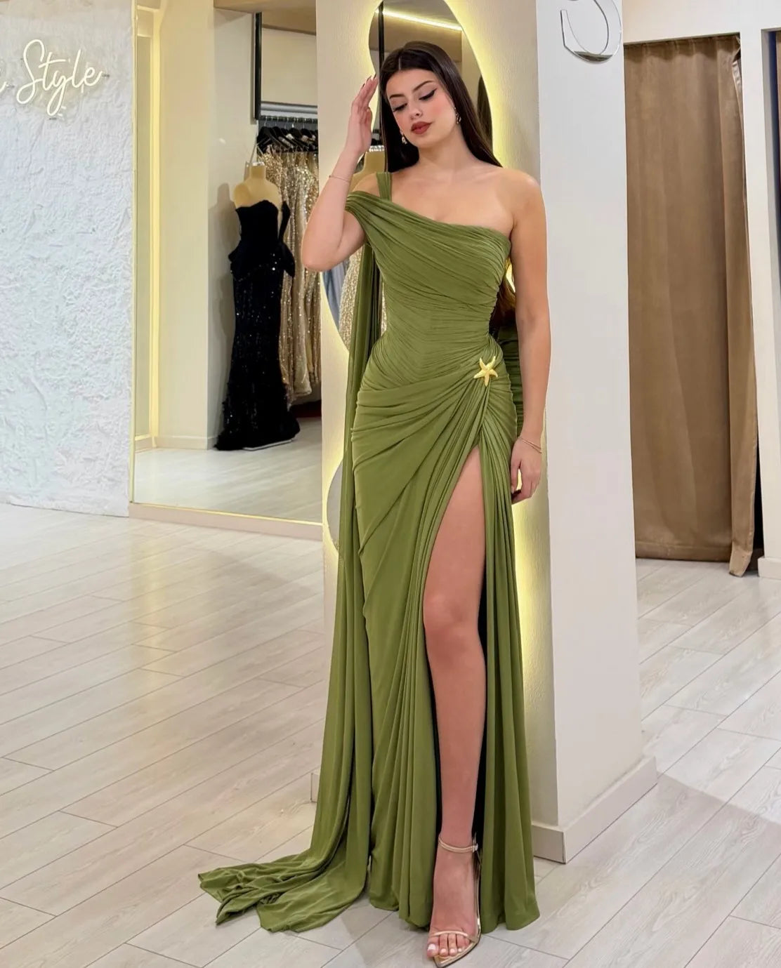 Elegant Olive Green One-Shoulder Ruched High-Slit Train Gown