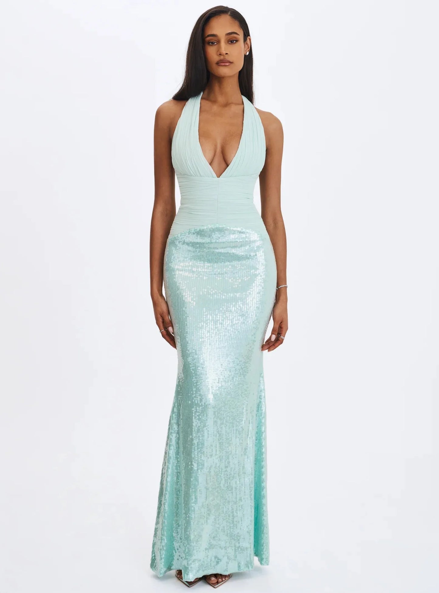 Sexy Halter Deep V Sequin Waist-Cinched Floor-Length Maxi Dress