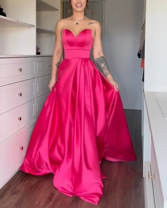 Sexy off-the-Shoulder Tube Top Waist Solid Color Maxi Dress