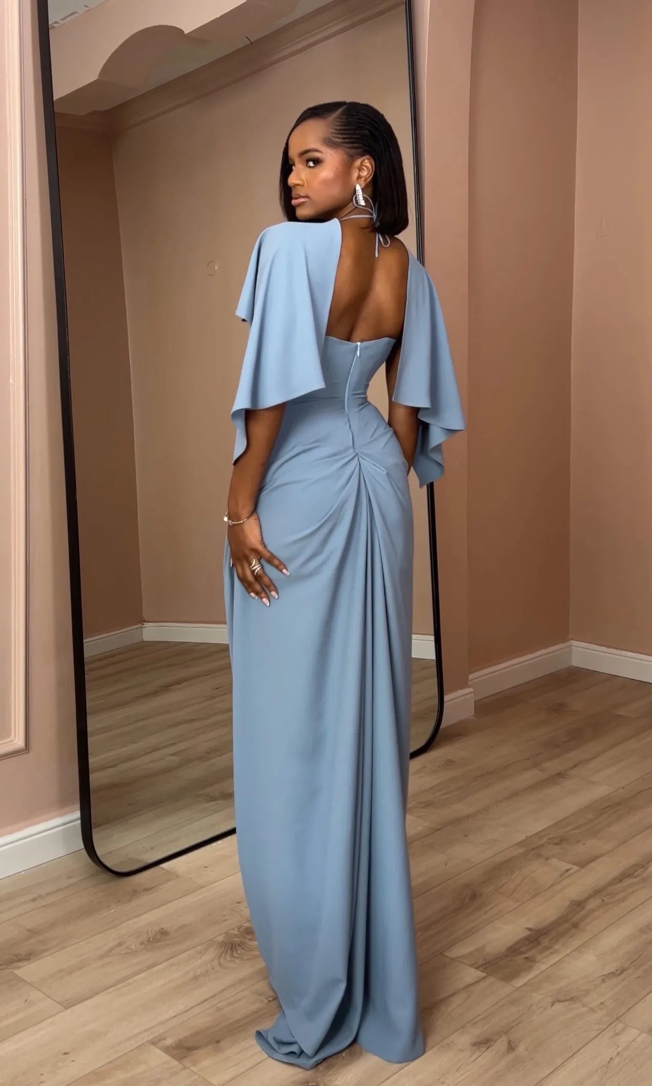 「Misty blue draped backless dress with cape sleeves, an elegant long gown」