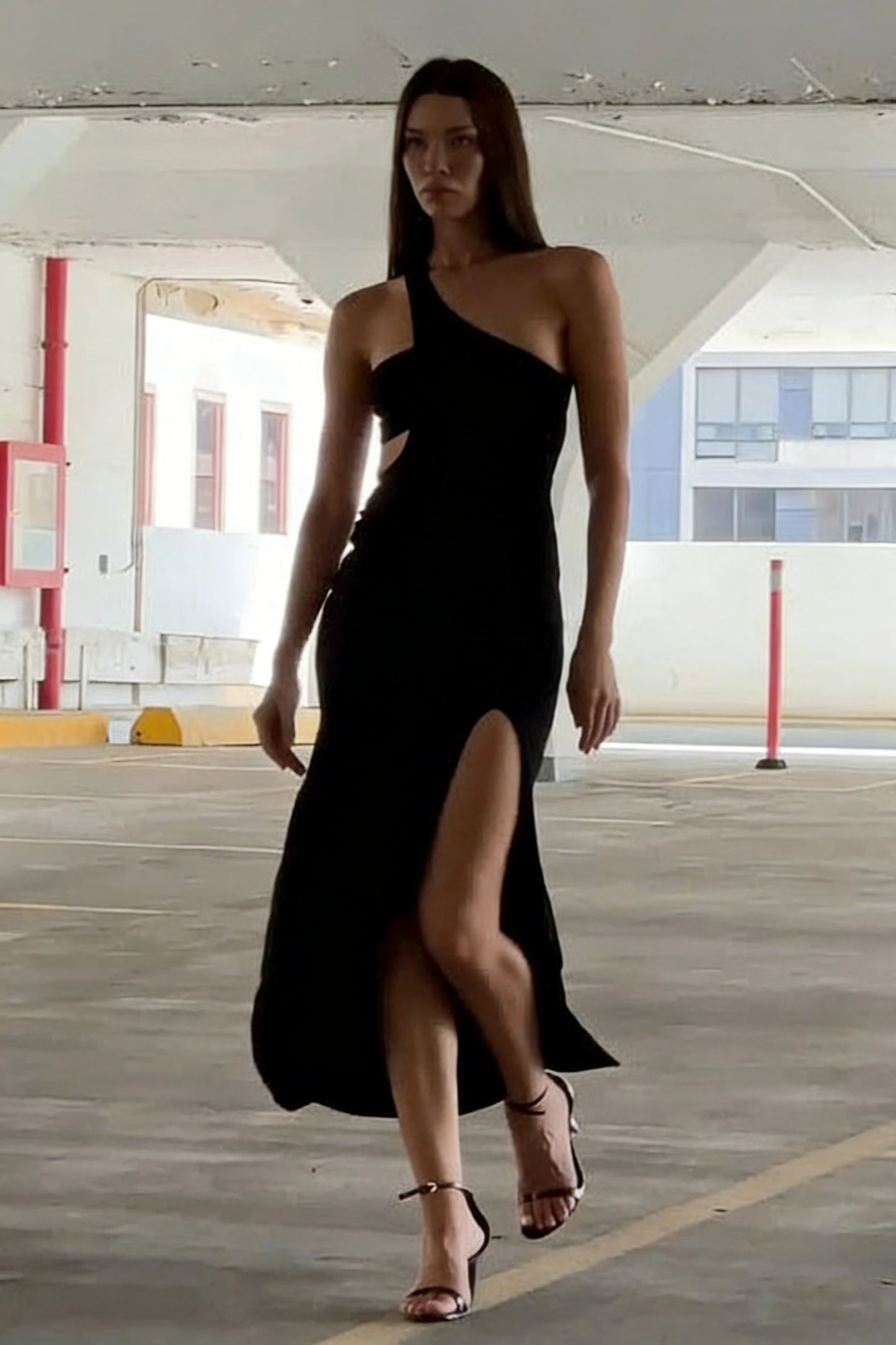 Elegant Black One-Shoulder Cutout Slit Drapey Maxi Dress