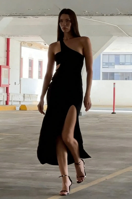 Elegant Black One-Shoulder Cutout Slit Drapey Maxi Dress
