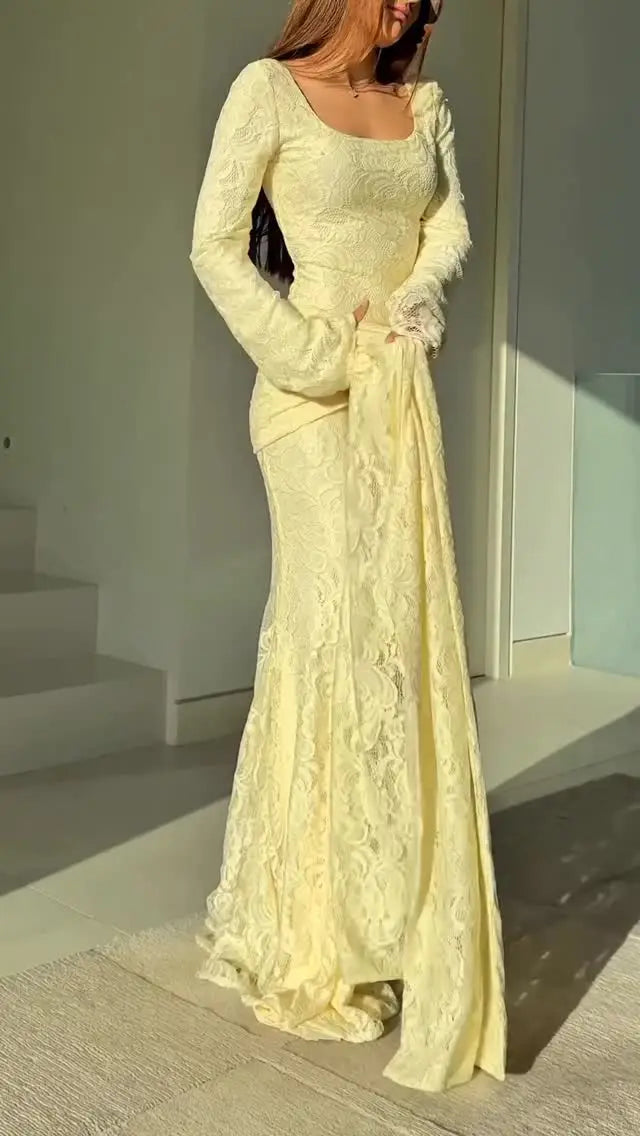 Sexy U Collar Long Sleeve Solid Color Lace-up Maxi Dress