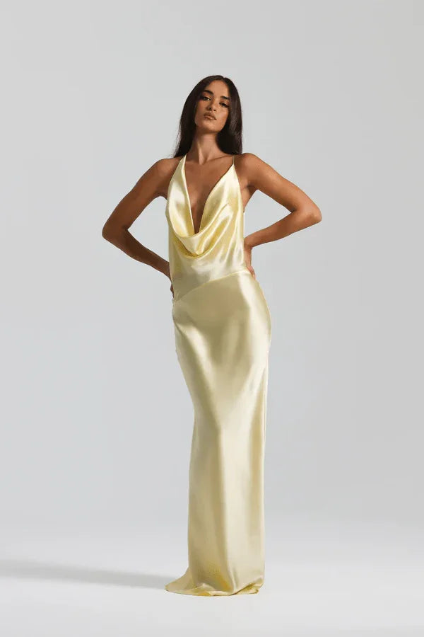 Sexy Sleeveless Deep V Halter Solid Color Evening Dress