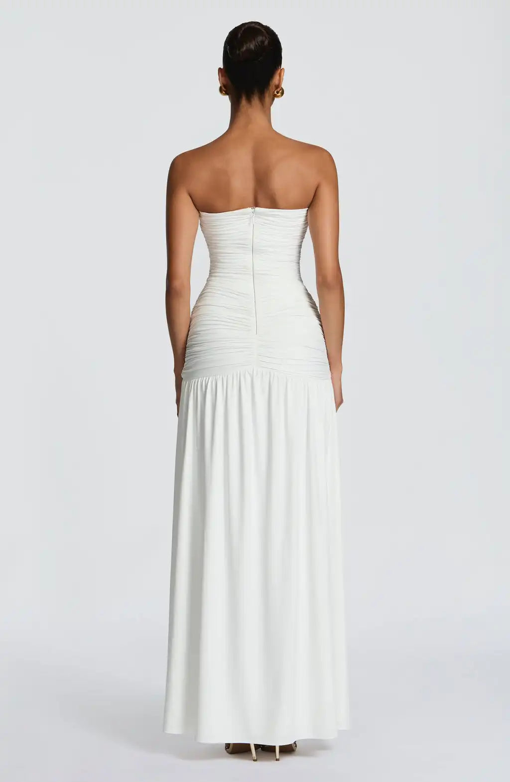 Deep V-Neck Ruched Paneled High Slit Strapless Maxi Dress