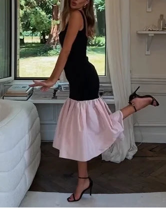 Sexy Sleeveless Sling Color Contrast Patchwork Midi Dress