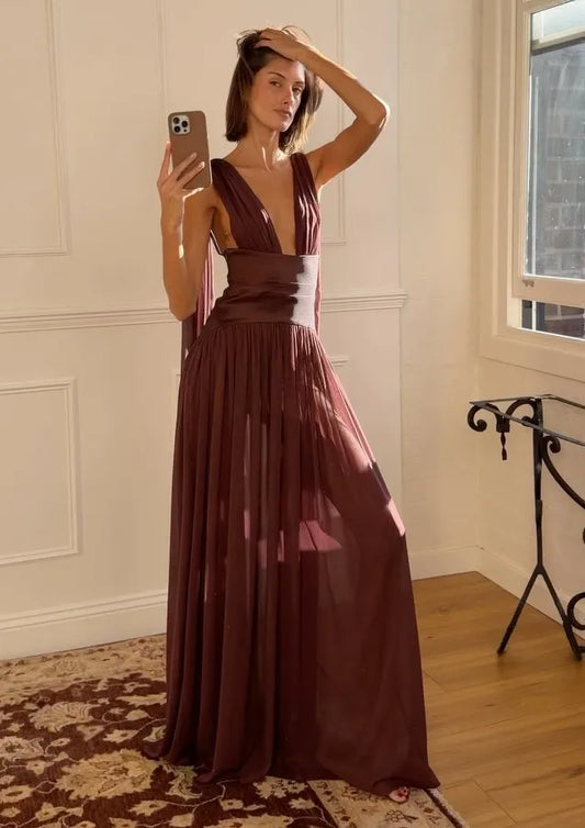 「Burgundy Deep V Backless Gown with Draped Sashes - Evening Maxi Dress」