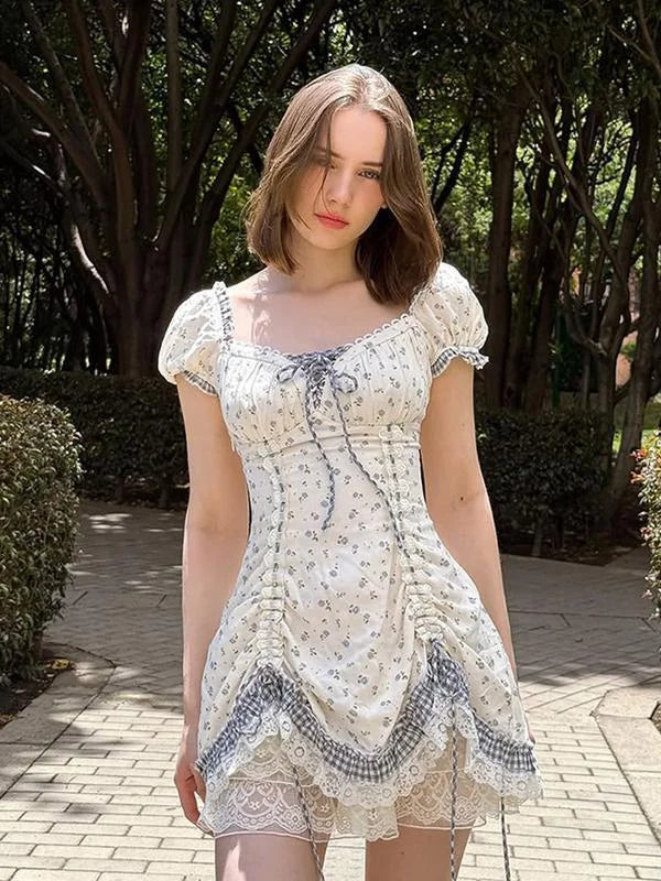 French Countryside Floral Ruched Puff Sleeve Dress | Girly Lace Trim Mini Dress