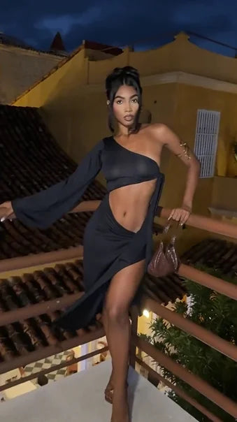 Black One Shoulder Cape Cutout Waist Backless Side Slit Maxi Dress