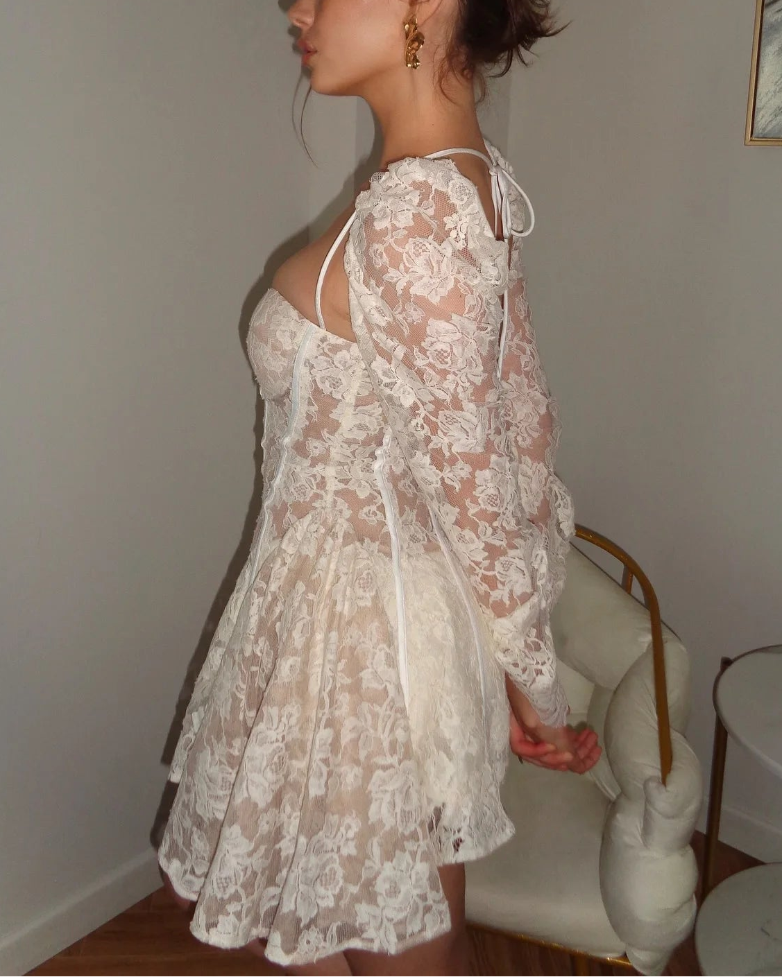 Sexy Long Sleeve Low-Cut Lace Mini Dress