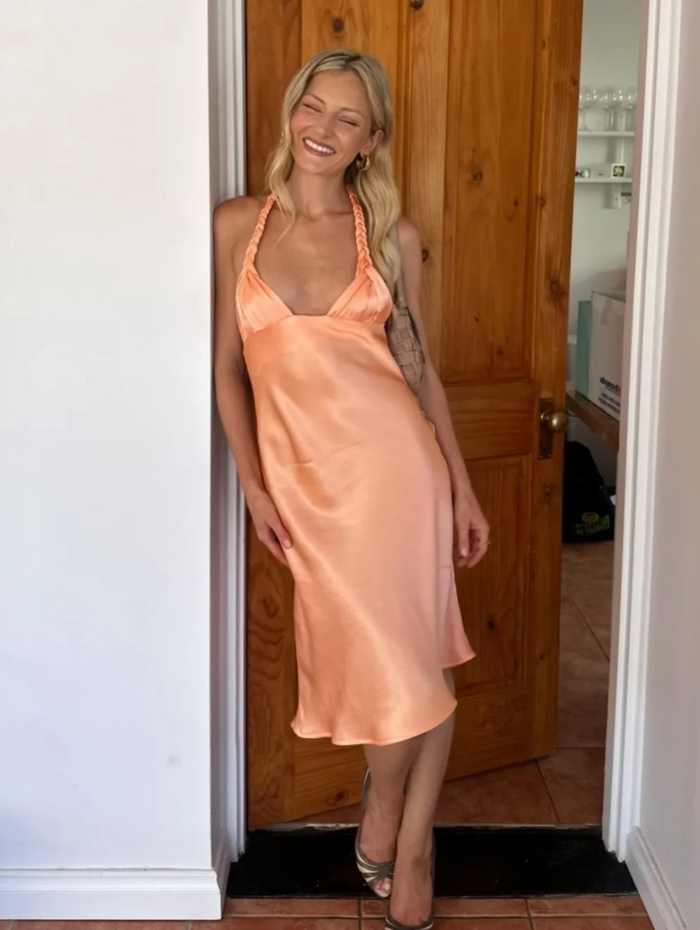 Peach Satin Braid Halter Deep V Midi Dress