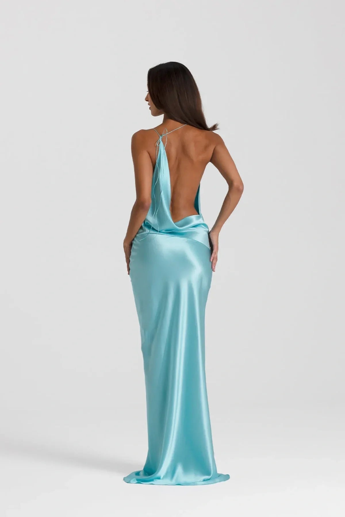 Sexy Sleeveless Deep V Halter Solid Color Evening Dress