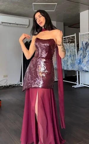 Sexy Sequined Tube Top Chiffon Dress
